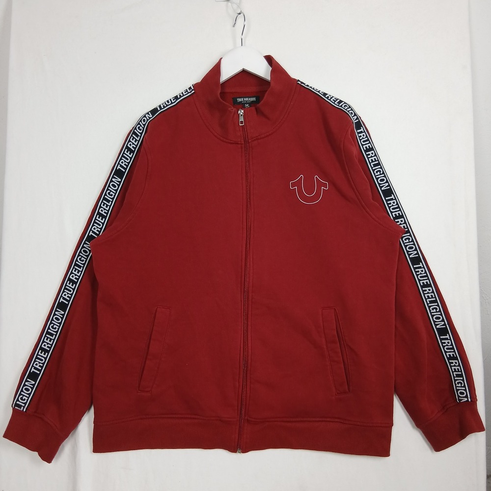 True Religion Mens Logo Trim Track Jacket Red Full Zip Horseshoe XL 700320
